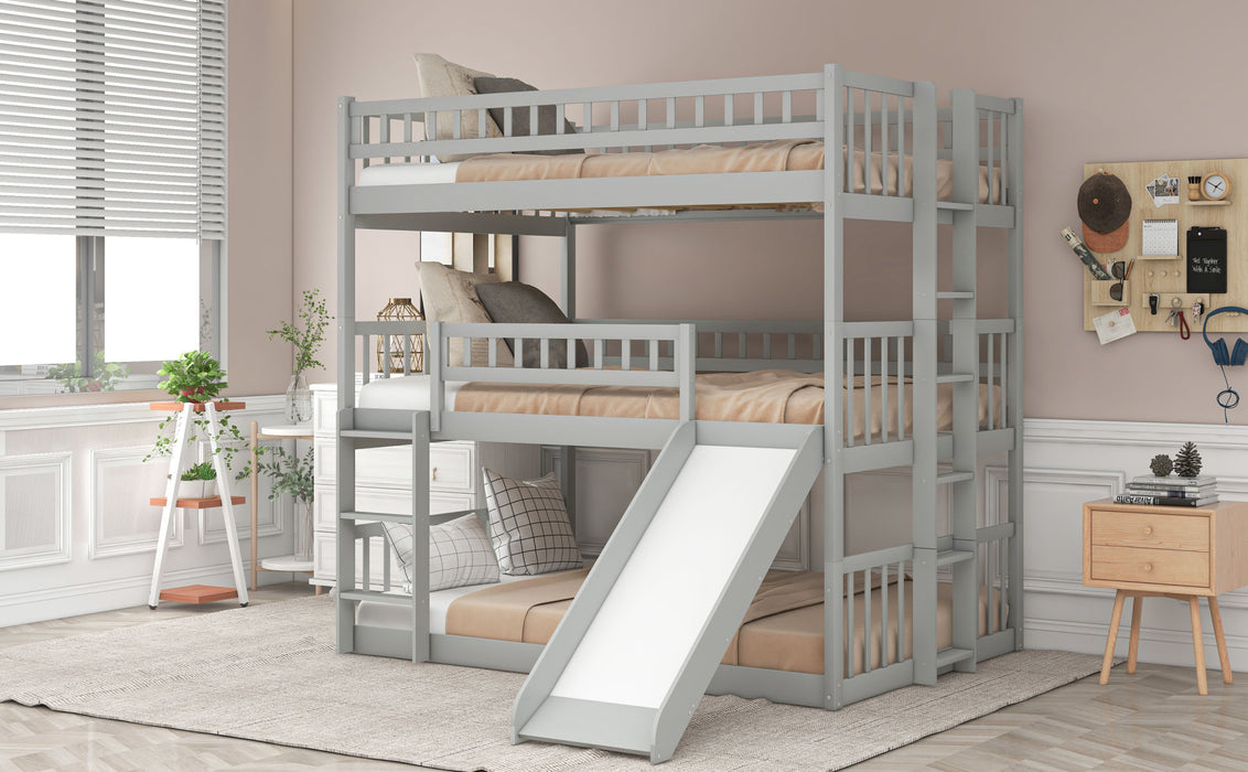 Triple Bed with Built-in Ladder and Slide , Triple Bunk Bed with Guardrails