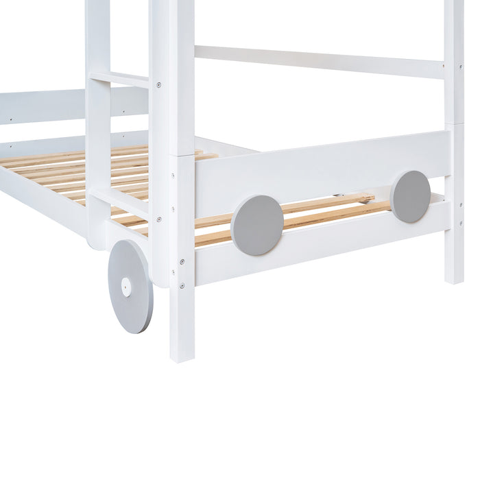 New Space Twin Size Car-Shaped Convertible Bunk Bed, White