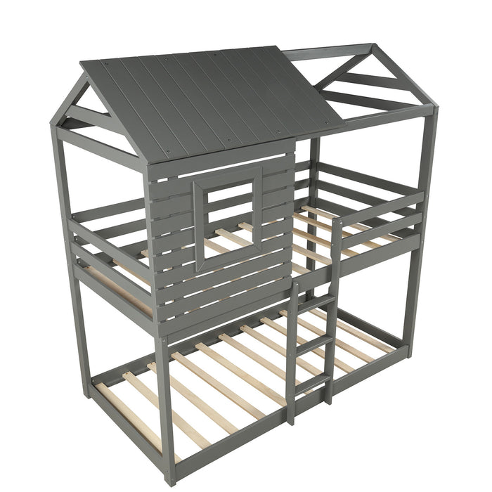 Twin Over Twin Bunk Bed Wood Loft Bed with Roof, Window, Guardrail, Ladder