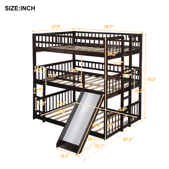 Triple Bed with Built-in Ladder and Slide , Triple Bunk Bed with Guardrails