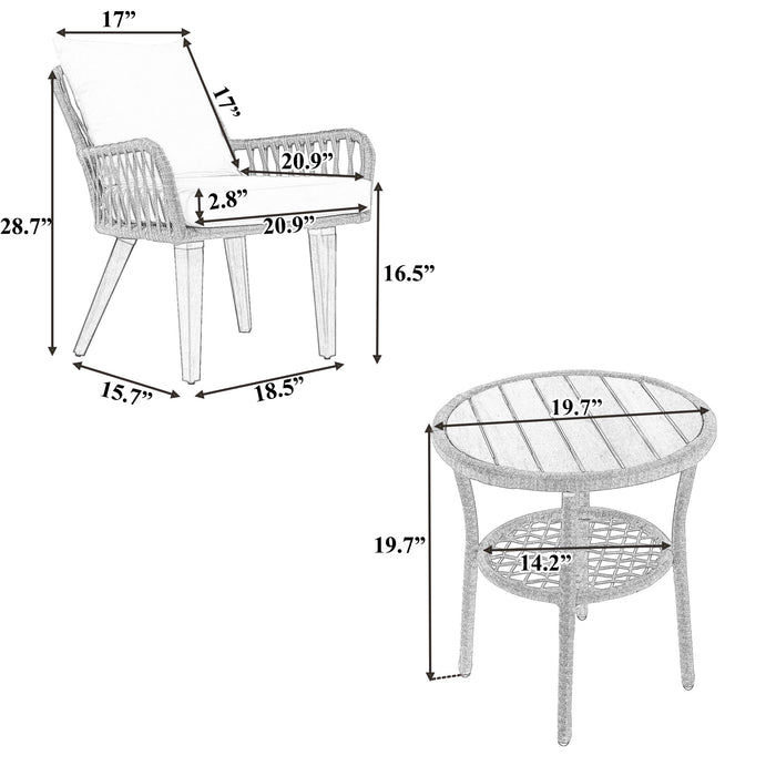 Patio 3-Piece Bistro Set Woven-Rope Conversation Set with Wood Tabletop and Cushions for Balcony, Gray Rope+Beige Fabric