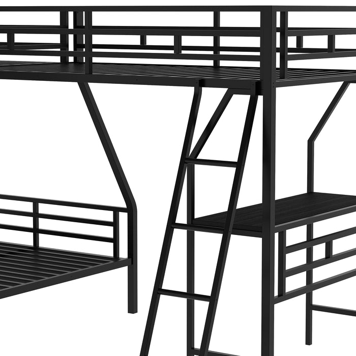 Twin over Full Bunk Bed with a Twin Size Loft Bed attached, with a Desk, Metal