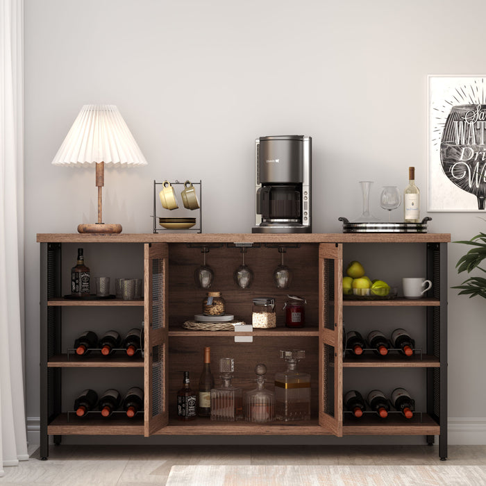 Wine Bar Cabinet for Liquor and Glasses, Rustic Wood Wine Bar Cabinet with Storage , Multifunctional Floor Wine Cabinet for Living Room(55 Inch, Golden Phoebe)