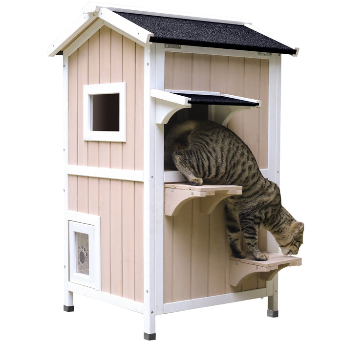 Water-proof 2-story feral cat shelter outdoor wooden small pet animal home with asphalt roof escape doors cat house