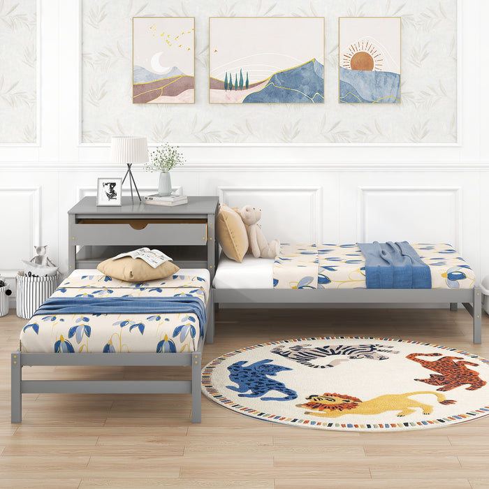 Grenco Twin Size L-Shaped Platform Beds with Drawers