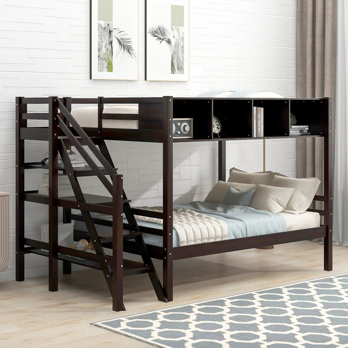 New Space Twin over Full Bunk Bed with Staircase and Built-in Storage Cabinets