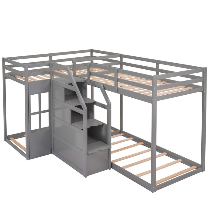 Twin over Twin L-Shaped Bunk Bed with Built-in Middle Staircase