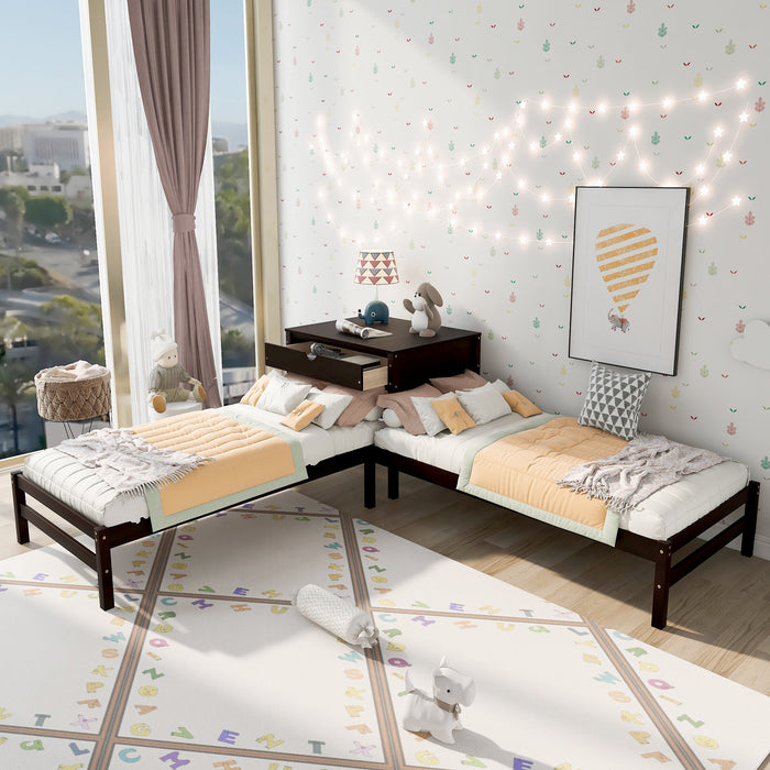 Grenco Twin Size L-Shaped Platform Beds with Drawers