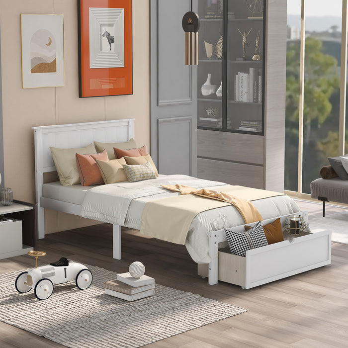 Twin Size Platform Bed with Under-bed Drawer, White RT
