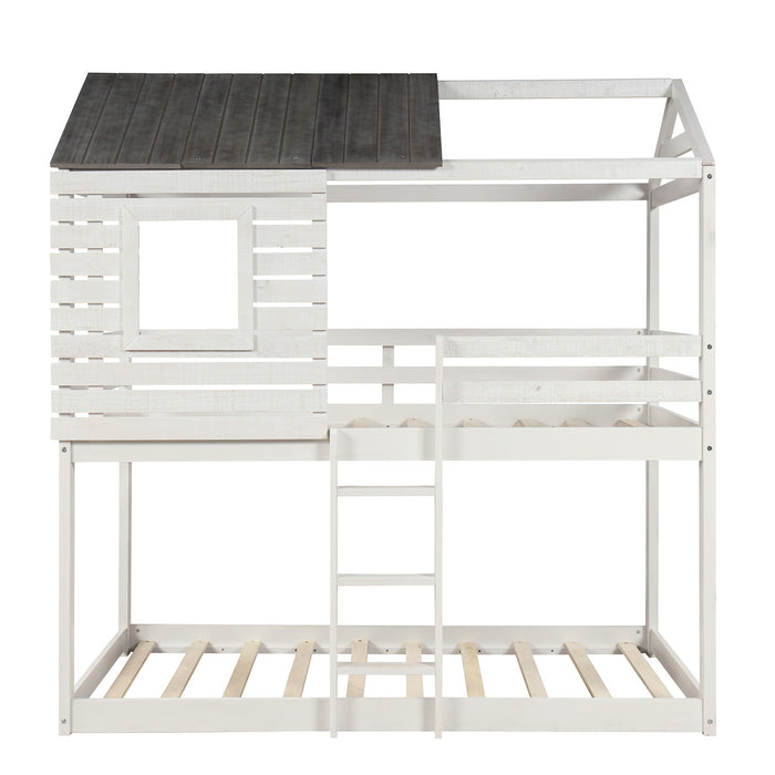 Twin Over Twin Bunk Bed Wood Loft Bed with Roof, Window, Guardrail, Ladder