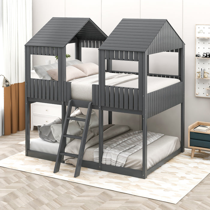 New Space Full Over Full Wood Bunk Bed with Roof Window
