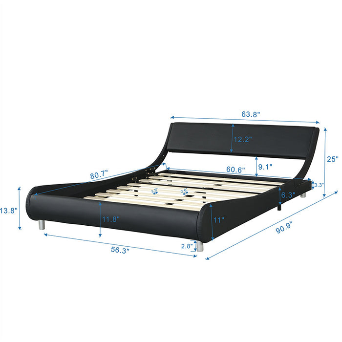 Faux Leather Upholstered Platform Bed Frame with led lighting , Curve Design, Wood Slat Support, No Box Spring Needed, Easy Assemble, Queen Size,