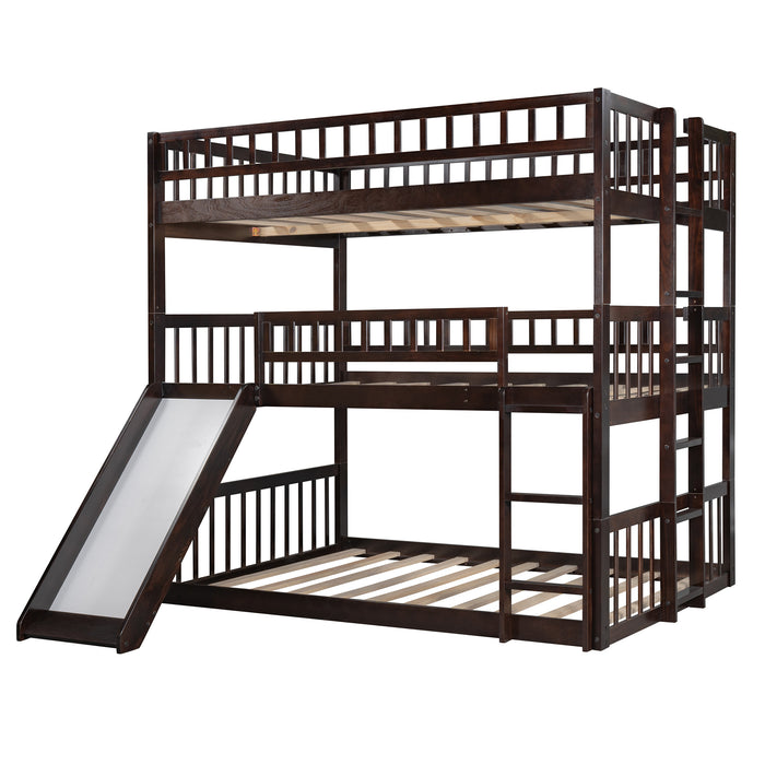 Triple Bed with Built-in Ladder and Slide , Triple Bunk Bed with Guardrails