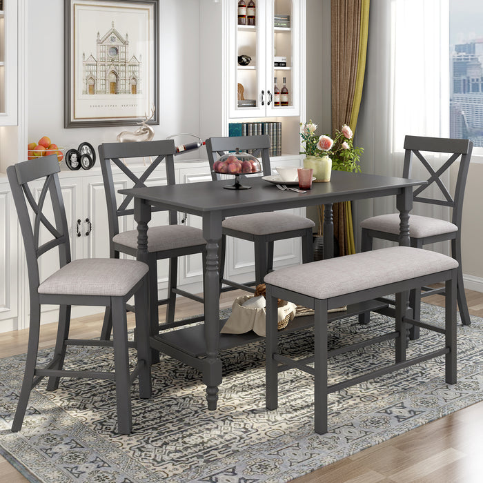 6-Pieces Counter Height Dining Table Set Table with Shelf 4 Chairs and Bench for Dining Room