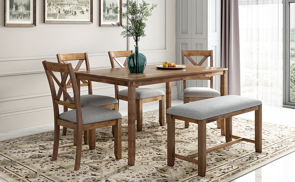 6-Piece Kitchen Dining Table Set Wooden Rectangular Dining Table, 4 Fabric Chairs and Bench Family Furniture
