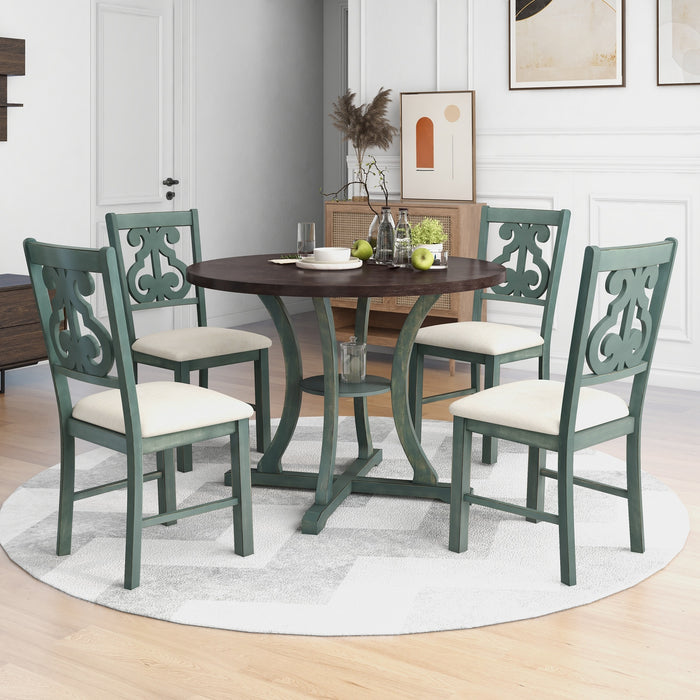5-Piece Round Dining Table and 4 Fabric Chairs with Special-shaped Table Legs and Storage Shelf