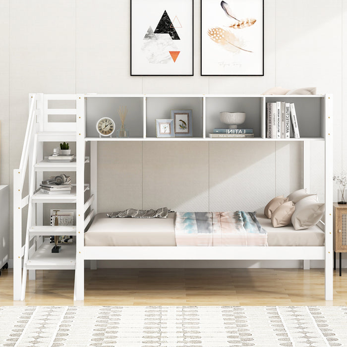 New Space Twin over Full Bunk Bed with Staircase and Built-in Storage Cabinets