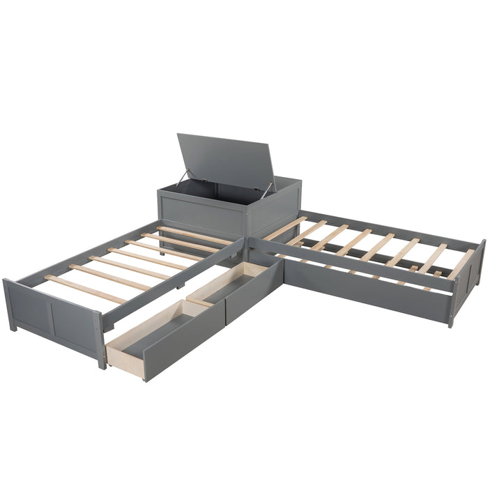 L-shaped Platform Bed with Trundle and Drawers Linked with built-in Flip Square Table,Twin