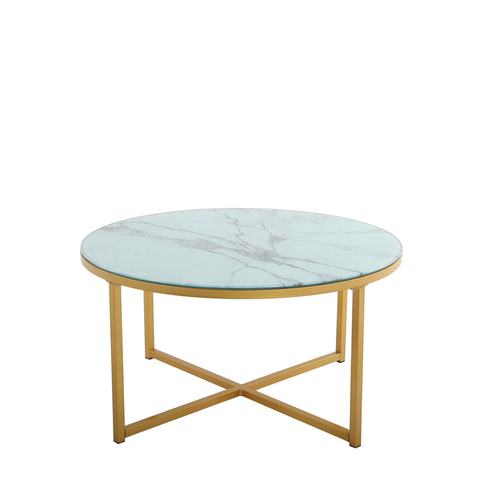 Cross Legs Glass Coffee Table with Metal Base, Marble White Top and Golden