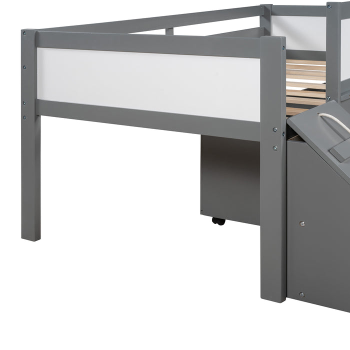 New Space Twin size Low Loft Bed Wooden Bed with Two Storage Boxes
