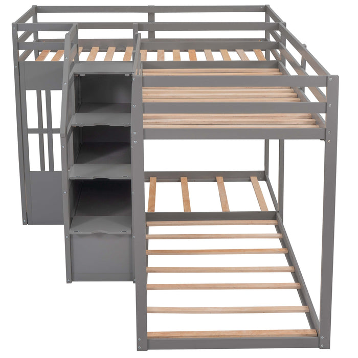 Twin over Twin L-Shaped Bunk Bed with Built-in Middle Staircase