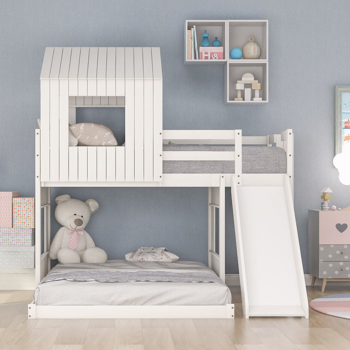 New Space Wooden Twin Over Full Bunk Bed, Loft Bed with Playhouse