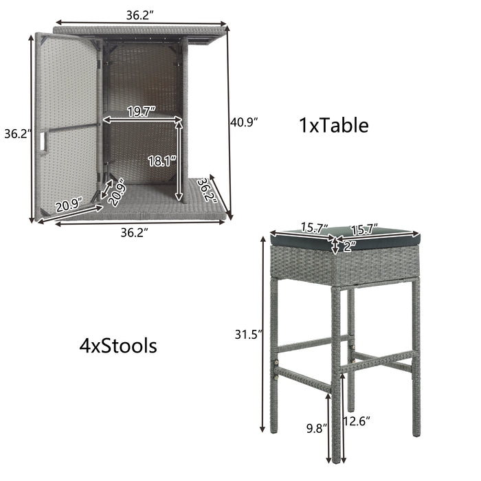 Patio 5-Piece Rattan Dining Table Set, PE Wicker Square Kitchen Table Set with Storage Shelf and 4 Padded Stools for Poolside, Garden, Gray Wicker+Dark Gray Cushion