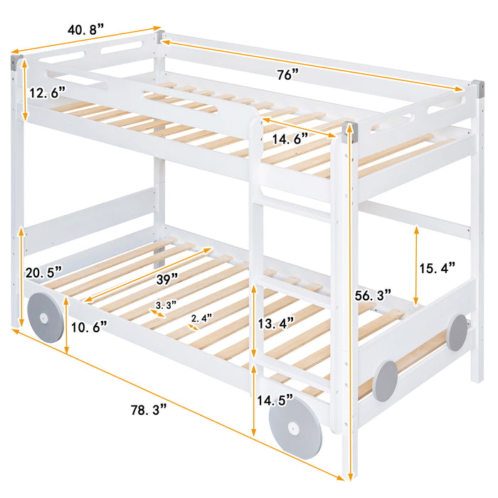 New Space Twin Size Car-Shaped Convertible Bunk Bed, White