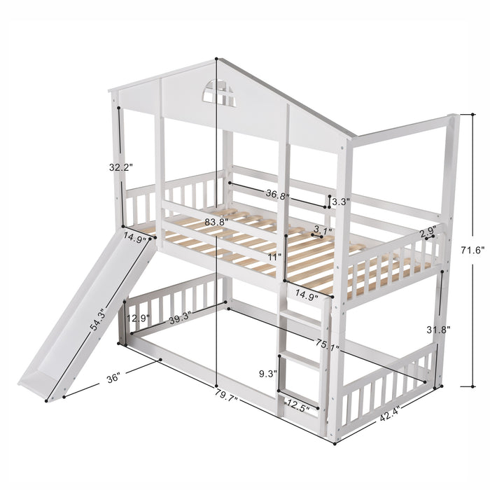 MyRoom Twin Over Twin House Bunk Bed With Convertible Slide And Ladder
