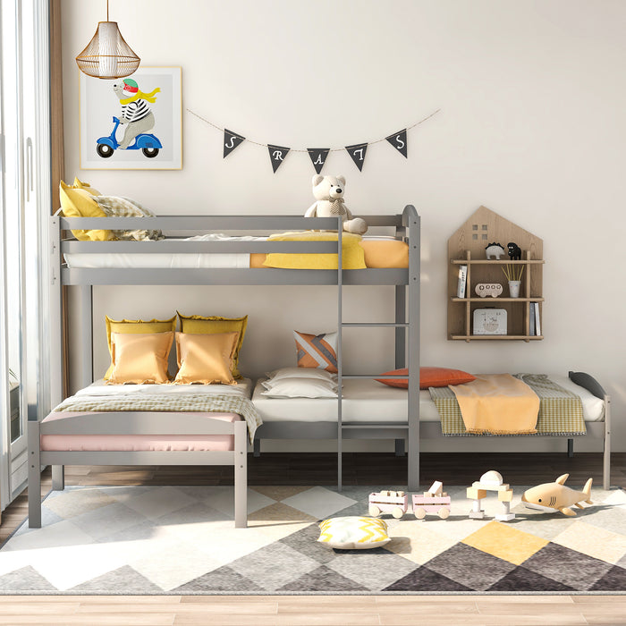 Twin over Twin over Twin Bed L-shaped Bunk Bed, Pine Wood Bed Frame