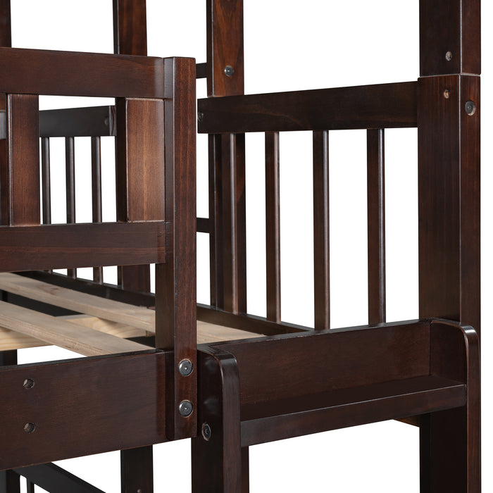 Triple Bed with Built-in Ladder and Slide , Triple Bunk Bed with Guardrails