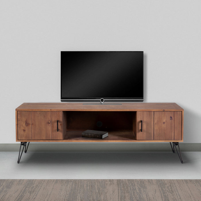 DunaWest Clive 60 Inch Reclaimed Wood Rectangle Farmhouse TV Stand Media Console, 2 Doors, Iron Legs, Natural Brown