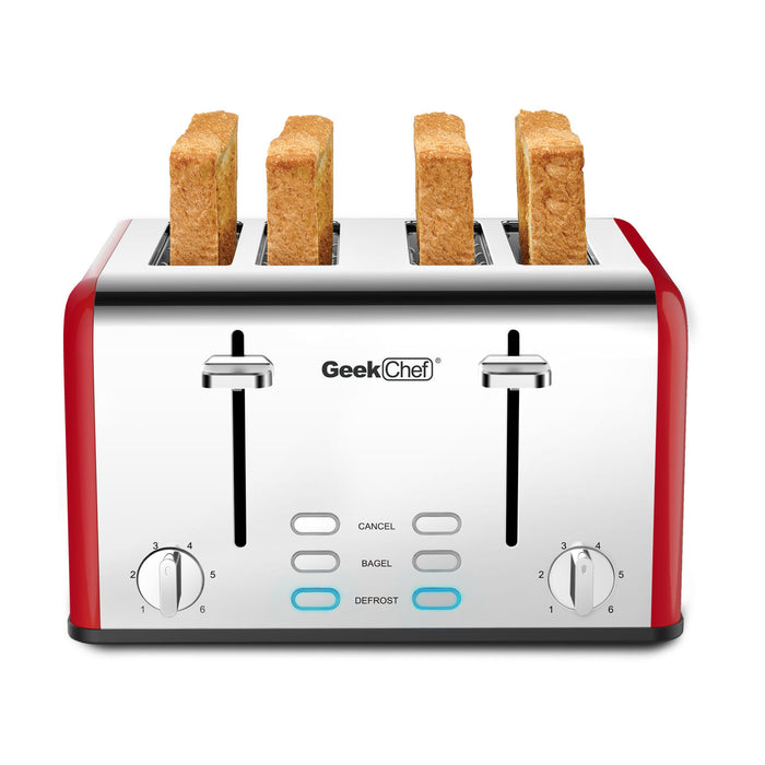 Toaster 4 slices, geek chef stainless steel extra-wide slot toaster, dual control panel with bagel/defrost/cancel function, 6 shade settings for baking bread RT