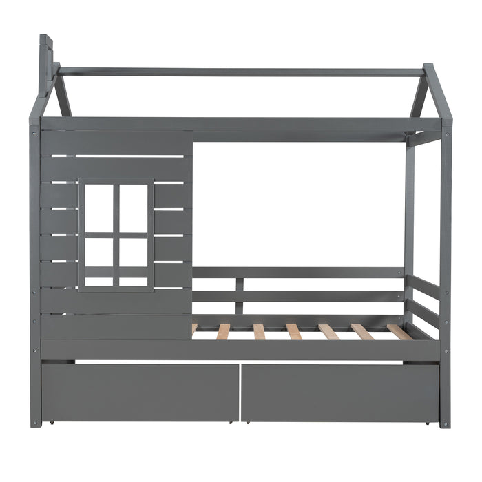 Twin Size House Bed Wood Bed with Two Drawers