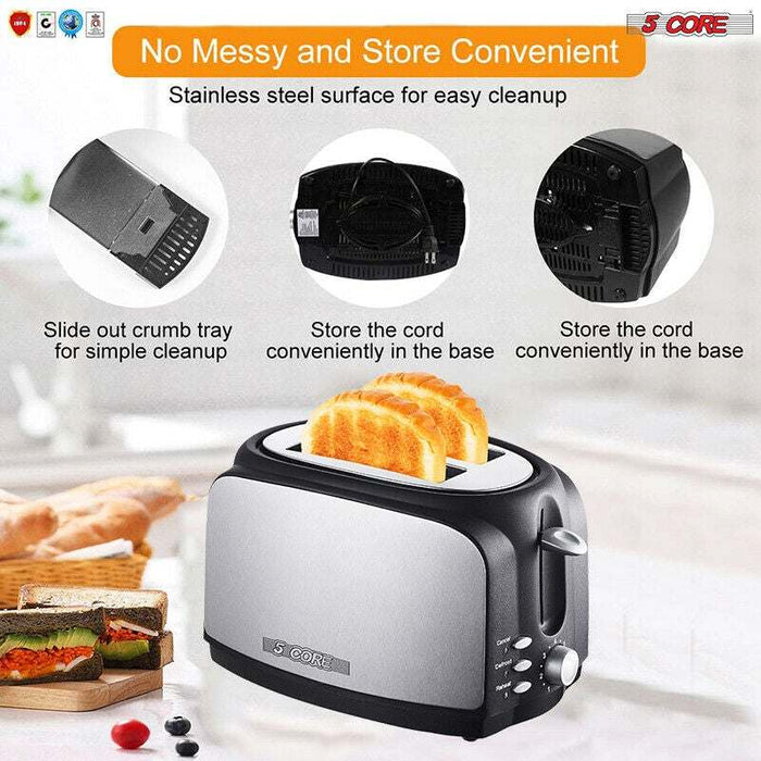Toaster 2 Slice Stainless Steel Bread Toster Extra Wide Reheat Functions Removable Crumb Tray