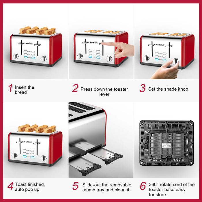 Toaster 4 slices, geek chef stainless steel extra-wide slot toaster, dual control panel with bagel/defrost/cancel function, 6 shade settings for baking bread RT