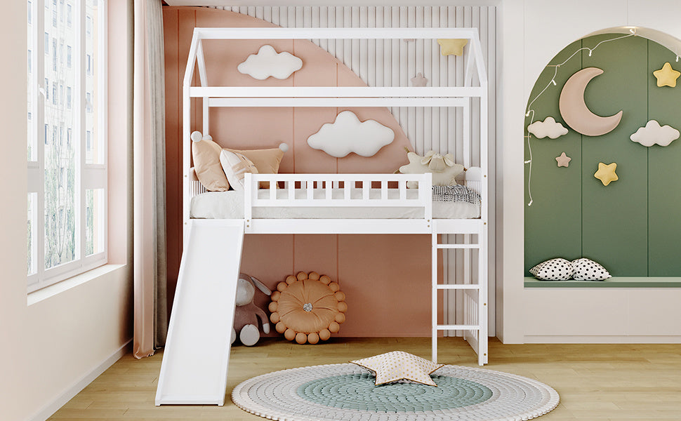 Twin Loft Bed with Slide, House Bed with Slide