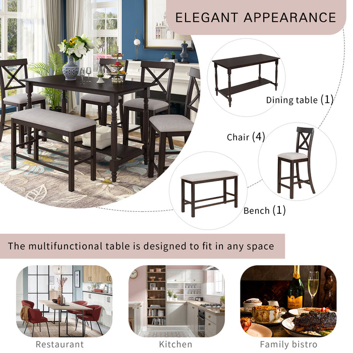 6-Pieces Counter Height Dining Table Set Table with Shelf 4 Chairs and Bench for Dining Room