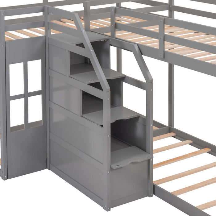 Twin over Twin L-Shaped Bunk Bed with Built-in Middle Staircase