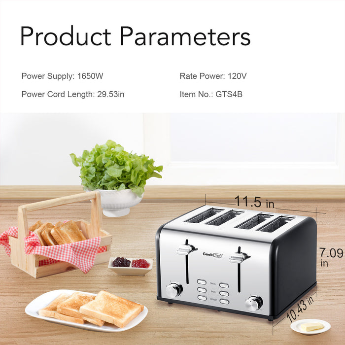 Toaster 4 Slice, Geek Chef Stainless Steel Extra-Wide Slot Toaster with Dual Control Panels of Bagel/Defrost/Cancel Function, 6 Toasting Bread Shade Settings.  YJ