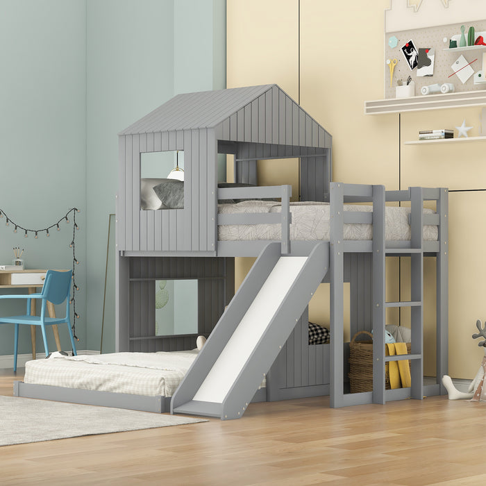 New Space Wooden Twin Over Full Bunk Bed, Loft Bed with Playhouse