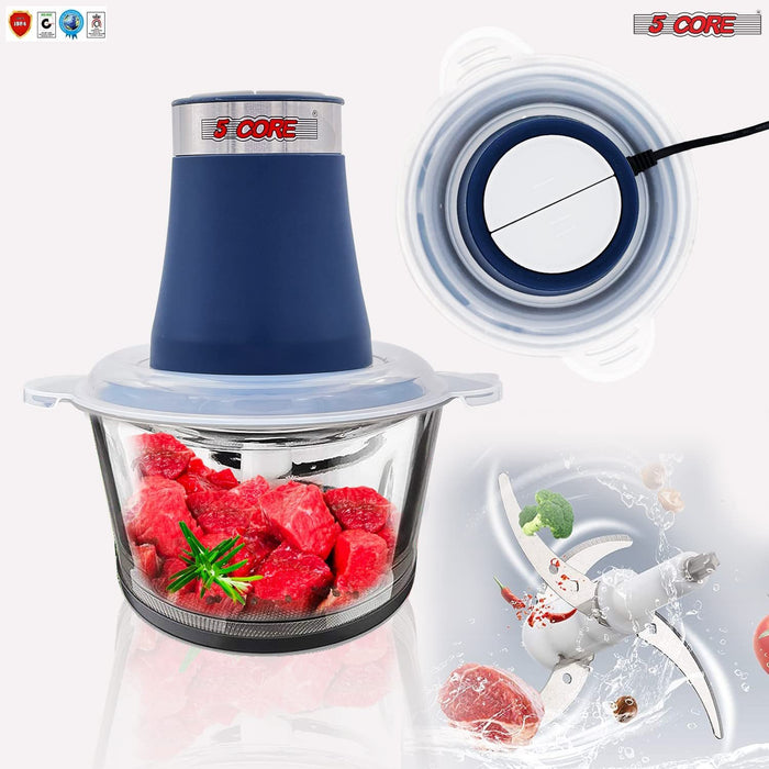 Premium Electric Meat Grinder Food Processor and 4 Titanium Blades, 12 Cup 2.2Qt Glass Strong Bowl for Vegetables Fruit Salad Onion Garlic Meat Ice 300W Motor 5 Core MG S GB