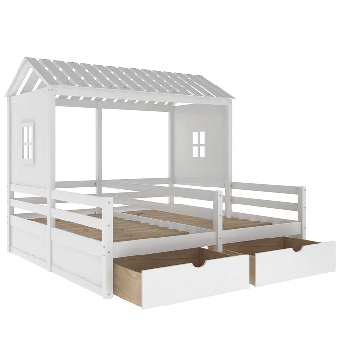 Twin Size House Platform Beds with Two Drawers for Boy and Girl Shared Beds, Combination of 2 Side by Side Twin Size Beds