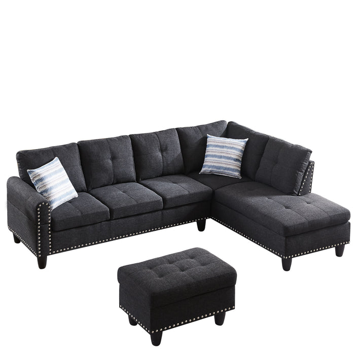 Modern Sectional Sofa Set with Chaise Lounge and Storage Ottoman 6 Seat Corner Sectional Black L Shaped Living Room Couch with Cupholder, Arm with nail, Right chaise