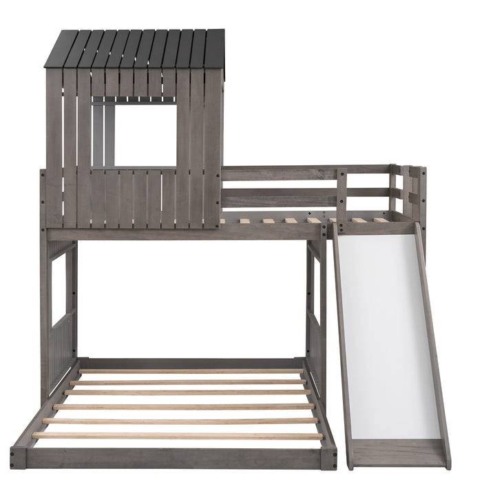 New Space Wooden Twin Over Full Bunk Bed, Loft Bed with Playhouse