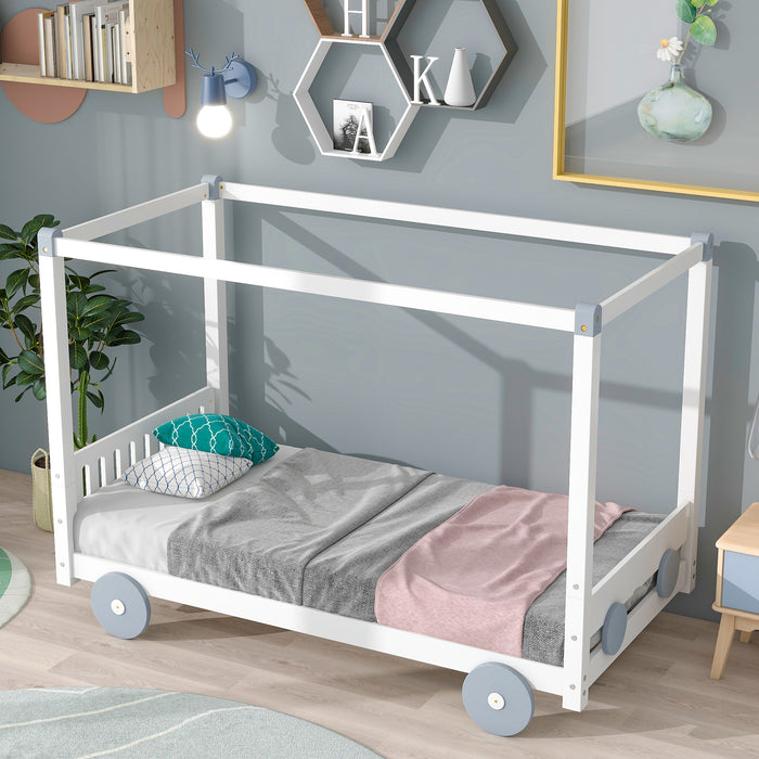 New Space Natural Twin Size Canopy Car-Shaped Platform Bed