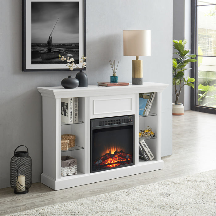Mid Century Modern Electric Fireplace TV Stand, Fit up to 55" Flat Screen TV with Tempered Glass Adjustable Shelves Open Storage Cabinet, White