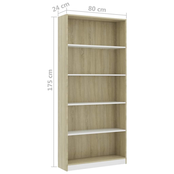 5-Tier Book Cabinet White and Sonoma Oak 31.5"x9.4"x68.9" Chipboard