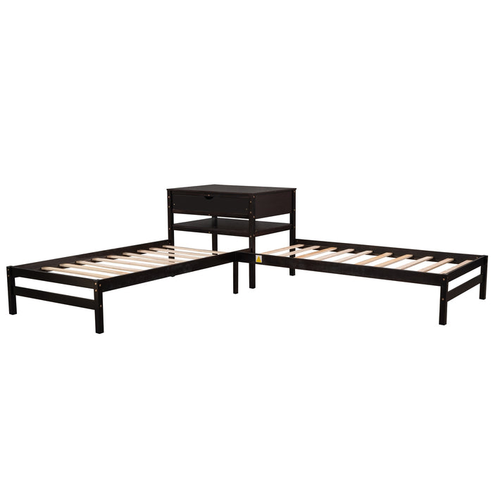 Grenco Twin Size L-Shaped Platform Beds with Drawers