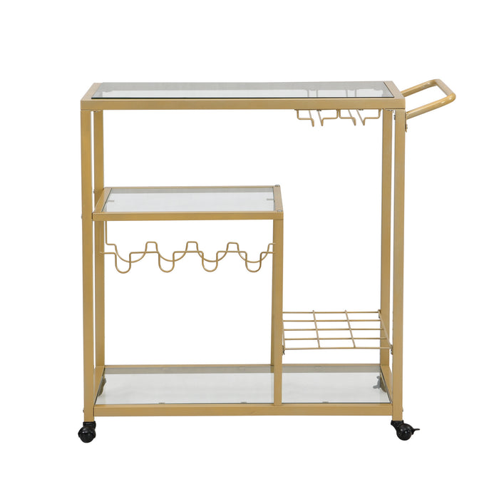 Golden Bar Serving Cart with Wine Rack and Glass Holder, 3-tier Shelves, Metal Frame and Temper Glass